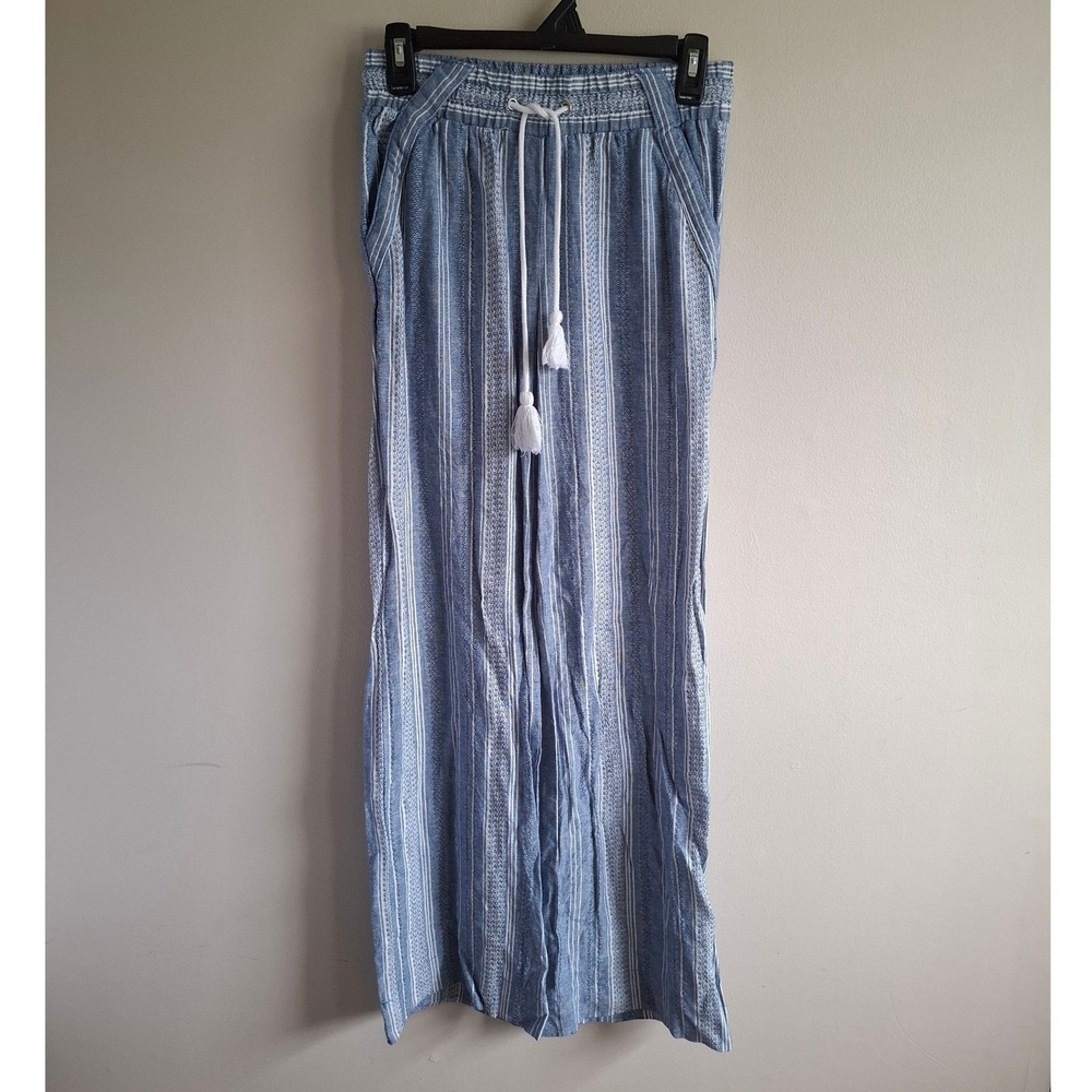 Blue Boho Flowy Striped Linen Blend Pants Tassels Lightweight Beach Airy JOLT XS